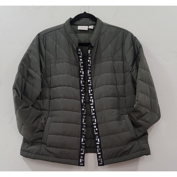 Chico's Open Front Boho Quilted Jacket Olive Green with Crystal Jeweled sz.2 - Picture 3 of 8